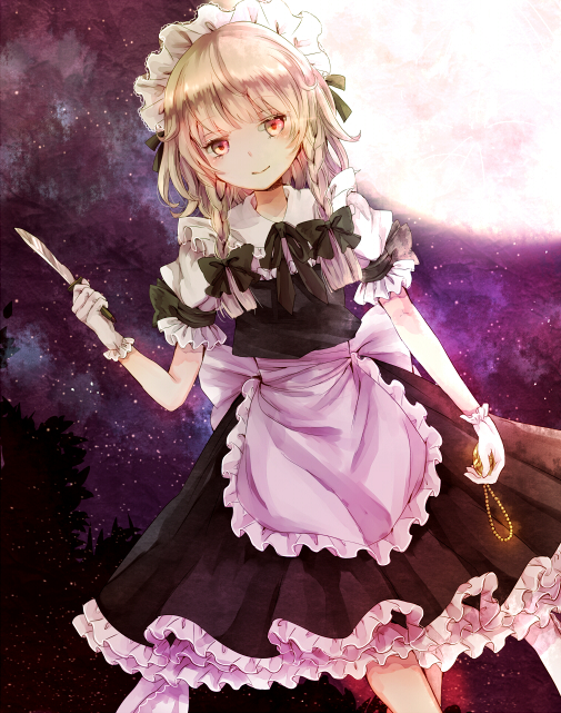 1girl, apron, bad_id, bad_pixiv_id, black_dress, bow, braid, dress
