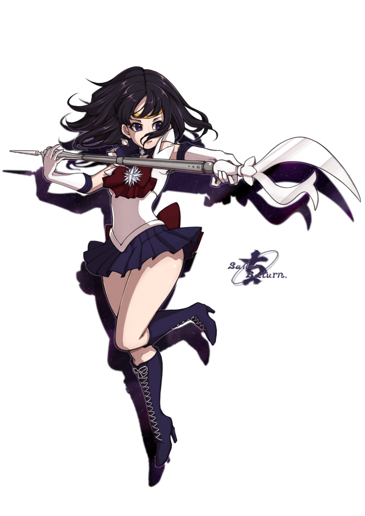 1990s_(style), 1girl, bishoujo_senshi_sailor_moon, black_hair, boots, bow, brooch, character_name, choker, earrings, elbow_gloves, female_focus, full_body, gloves, harigiri_(hijiri305), holding, holding_polearm, holding_spear, holding_weapon, jewelry, knee_boots, lace-up_boots, magical_girl, md5_mismatch, polearm, purple_boots, purple_eyes, purple_skirt, resolution_mismatch, retro_artstyle, ribbon, sailor_saturn, saturn_symbol, short_hair, silence_glaive, skirt, solo, source_larger, spear, star_brooch, tiara, tomoe_hotaru, weapon, white_background, white_gloves
