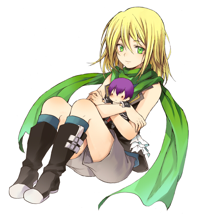10s, 1boy, 1girl, blonde_hair, boots, chibi, green_eyes, hibiki_(bagawa)