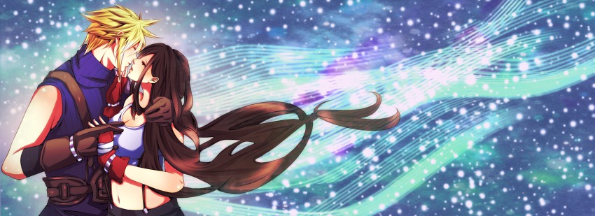 1990s_(style), 1boy, 1girl, bad_id, bad_pixiv_id, belt, blonde_hair, breasts, brown_eyes, brown_hair, cloud_strife, couple, closed_eyes, final_fantasy, final_fantasy_vii, fingerless_gloves, gloves, hetero, highres, imminent_kiss, large_breasts, lifestream, long_hair, midriff, navel, pecotank, retro_artstyle, spiked_hair, square_enix, suspenders, tifa_lockhart, very_long_hair