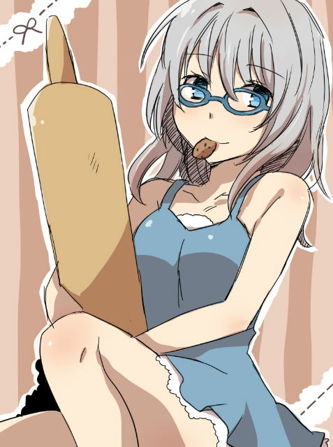 1girl, age_regression, aged_down, animification, blue_dress, blue_eyes, cookie, cookie_clicker, dress, female_focus, food, glasses, grandma_(cookie_clicker), grey_hair, mouth_hold, pitsuuta, rolling_pin, solo