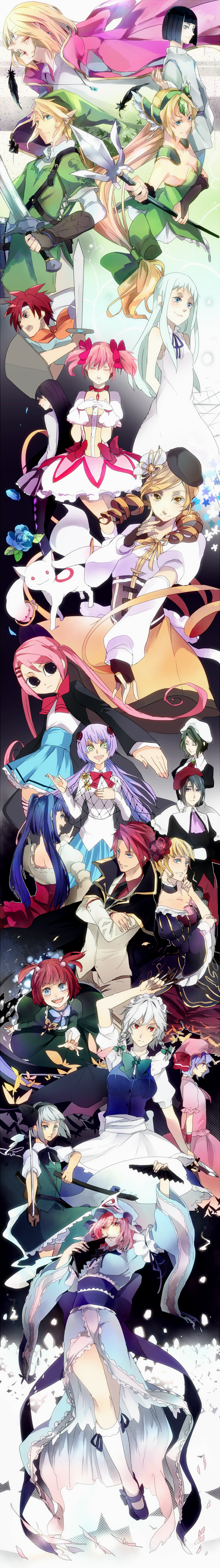 00s, 10s, absurdres, aged_down, akemi_homura, akemi_homura_(magical_girl), ano_hi_mita_hana_no_namae_wo_bokutachi_wa_mada_shiranai., beatrice_(umineko), black_hair, blonde_hair, blue_eyes, breasts, bug, butterfly, cape, child, cleavage, copyright_request, crossover, dress, fire_emblem, folding_fan, furudo_erika, green_eyes, haku, hand_fan, hat, highres, holding, holding_sword, holding_weapon, honma_meiko, howl_no_ugoku_shiro, howl_(howl_no_ugoku_shiro), insect, inuzuka_shino, izayoi_sakuya, japanese_clothes, kagyuu_juubei, kaname_madoka, kaname_madoka_(magical_girl), kanon_(umineko), kneehighs, knife, konpaku_youmu, kyubey, link, long_image, mahou_shoujo_madoka_magica, mahou_shoujo_madoka_magica_(anime), maid, multiple_boys, multiple_crossover, multiple_girls, nejimaki_kagyuu, nintendo, no_naku_koro_ni_(series), pink_hair, purple_hair, red_eyes, red_hair, remilia_scarlet, riesz, roy_(fire_emblem), ryukishi07, saigyouji_yuyuko, seiken_densetsu, seiken_densetsu_3, sen_to_chihiro_no_kamikakushi, shannon_(umineko), socks, sofy, square_enix, staff, studio_ghibli, sword, tall_image, the_legend_of_zelda, tomoe_mami, tomoe_mami_(magical_girl), touhou, twintails, umineko_no_naku_koro_ni, ushiromiya_ange, ushiromiya_battler, weapon, white_hair, white_legwear, wide_sleeves, yellow_eyes
