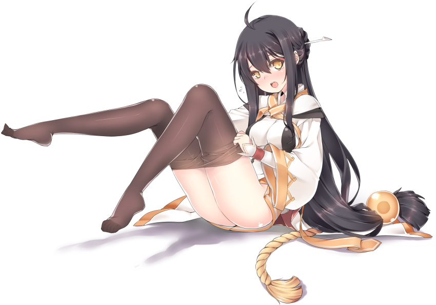 1girl, ahoge, ara_haan, ara_han, ass, bad_id, bad_pixiv_id, black_hair, black_pantyhose, blush, braid, breasts, clothes_pull, elsword, eyeshadow, feet, female_focus, hair_ornament, half_up_braid, half_updo, highres, leg_up, legs, long_hair, long_sleeves, looking_at_viewer, low-tied_long_hair, makeup, no_shoes, open_mouth, pantyhose, pantyhose_pull, sakra_devanam_(elsword), simple_background, sitting, solo, sphere_hair_ornament, tama_(tamatamo), tears, toe-point, toes, very_long_hair, white_background, wide_sleeves, yellow_eyes