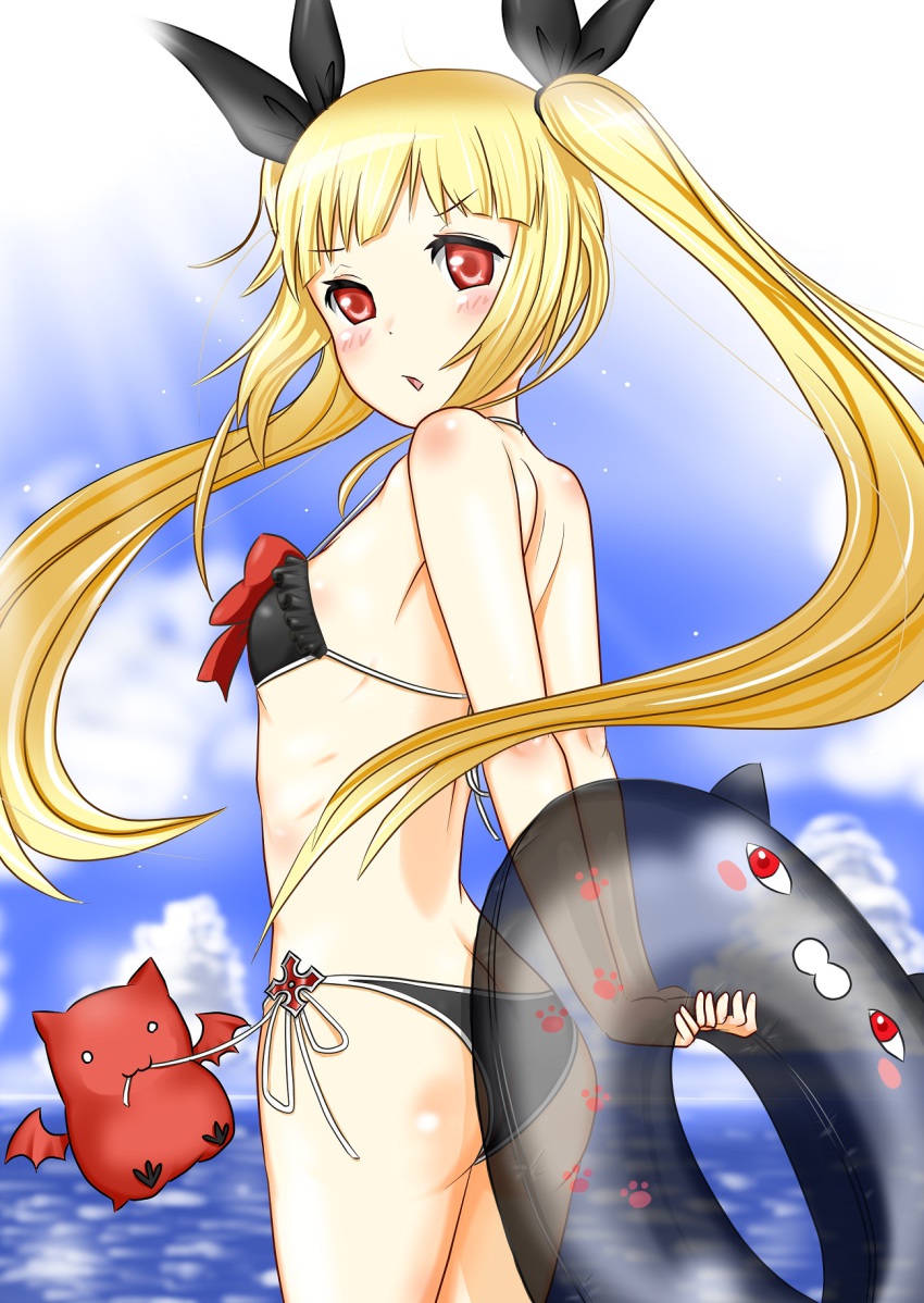 1girl, arc_system_works, bat_wings, beach, bikini, blazblue, blonde_hair, blush, blush_stickers, cloud, day, female_focus, gii, highres, innertube, ju_(old505), light_particles, long_hair, looking_at_viewer, looking_back, nago, ocean, outdoors, paw_print, rachel_alucard, red_eyes, ribbon, side-tie_bikini_bottom, solo, standing, swim_ring, swimsuit, twintails, very_long_hair, water, wings