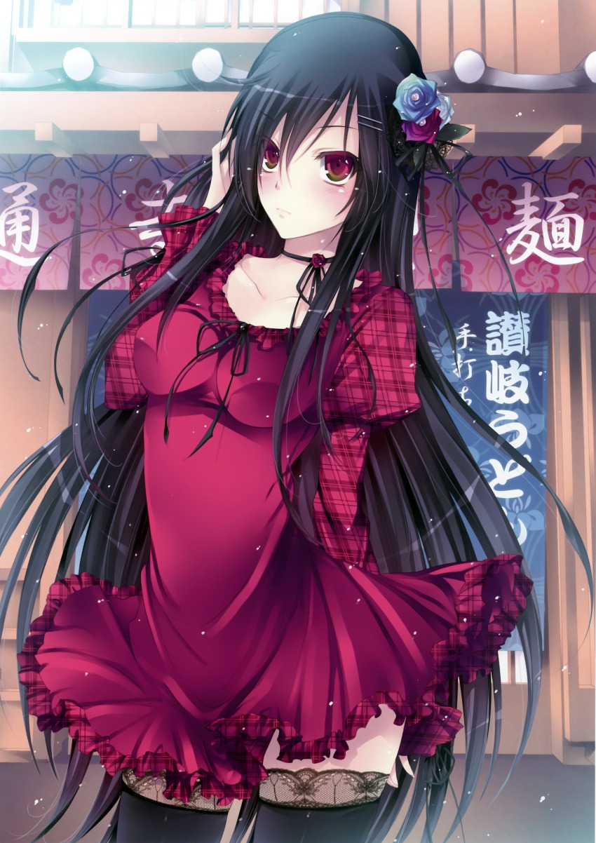 1girl, absurdres, black_hair, black_thighhighs, choker, collarbone, dress, female_focus
