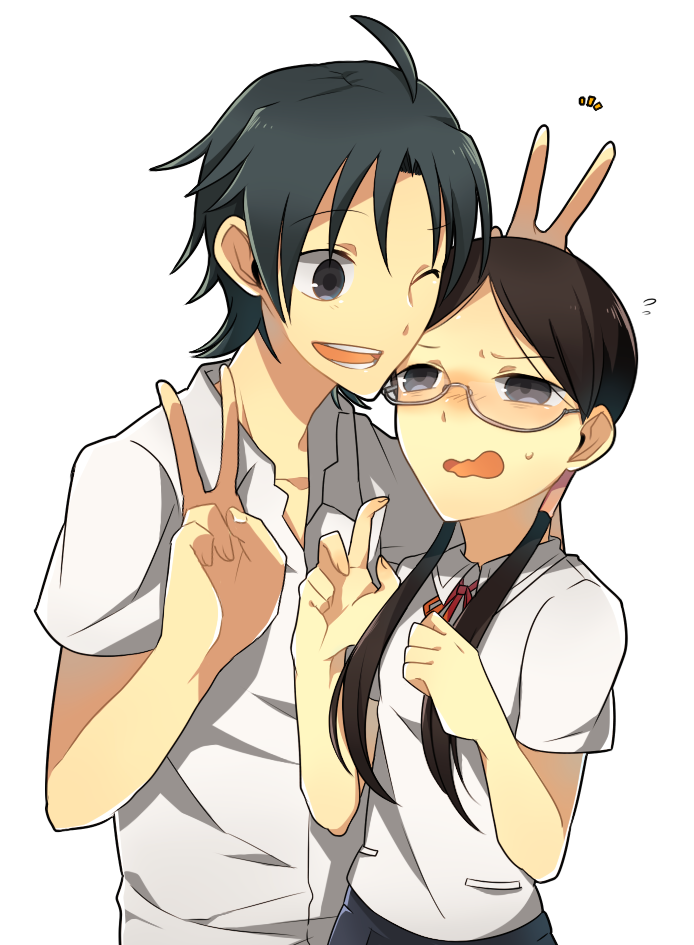 1boy, 1girl, ^^^, black_hair, blush, glasses, low_twintails, manami_sangaku