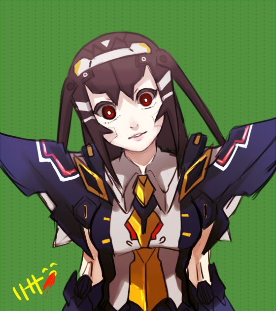 1girl, android, black_hair, female_focus, head_tilt, lisa_(pso2), long_hair, mecha_musume, phantasy_star, phantasy_star_online_2, red_eyes, smile, solo, sukedji