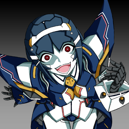 1girl, android, breasts, female_focus, jinny_(jinnytaru), jinnytaru, laughing, leaning_forward, lisa_(pso2), lowres, mecha_musume, phantasy_star, phantasy_star_online_2, red_eyes, solo