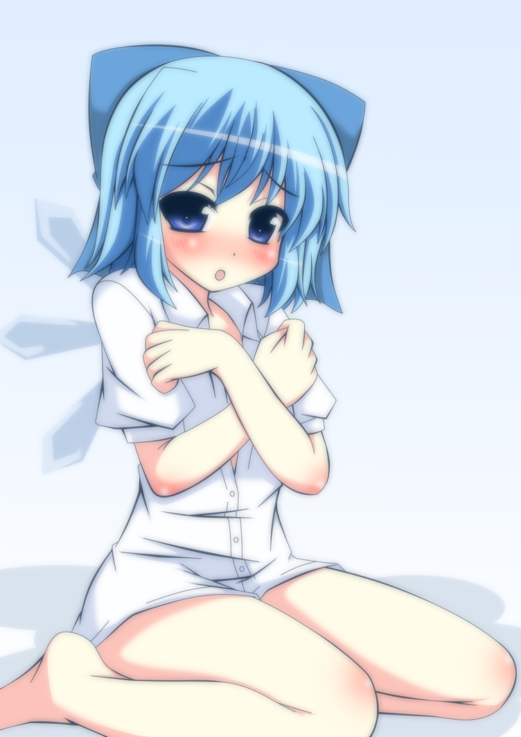 1girl, blue_eyes, blue_hair, blush, bow, cirno, covering_breasts, covering_privates