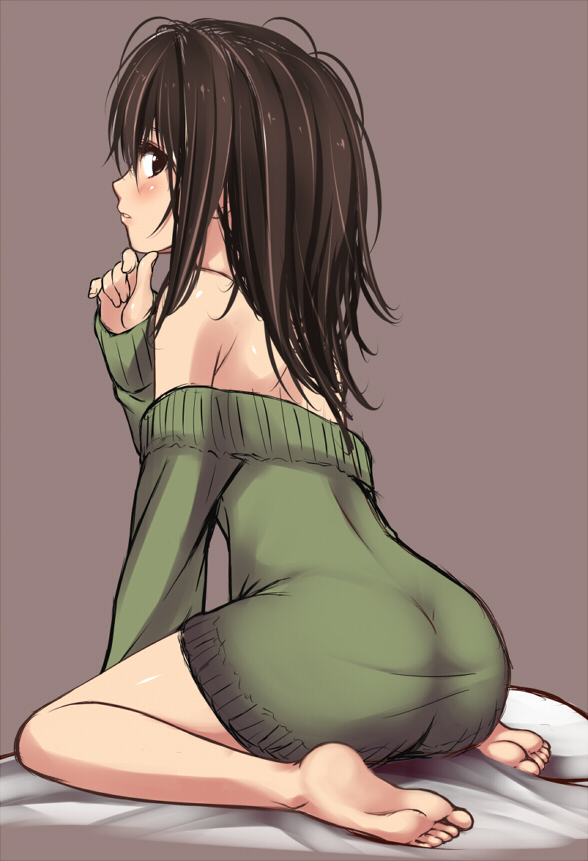 1girl, bad_id, bad_pixiv_id, bare_shoulders, barefoot, black_eyes, black_hair, female_focus