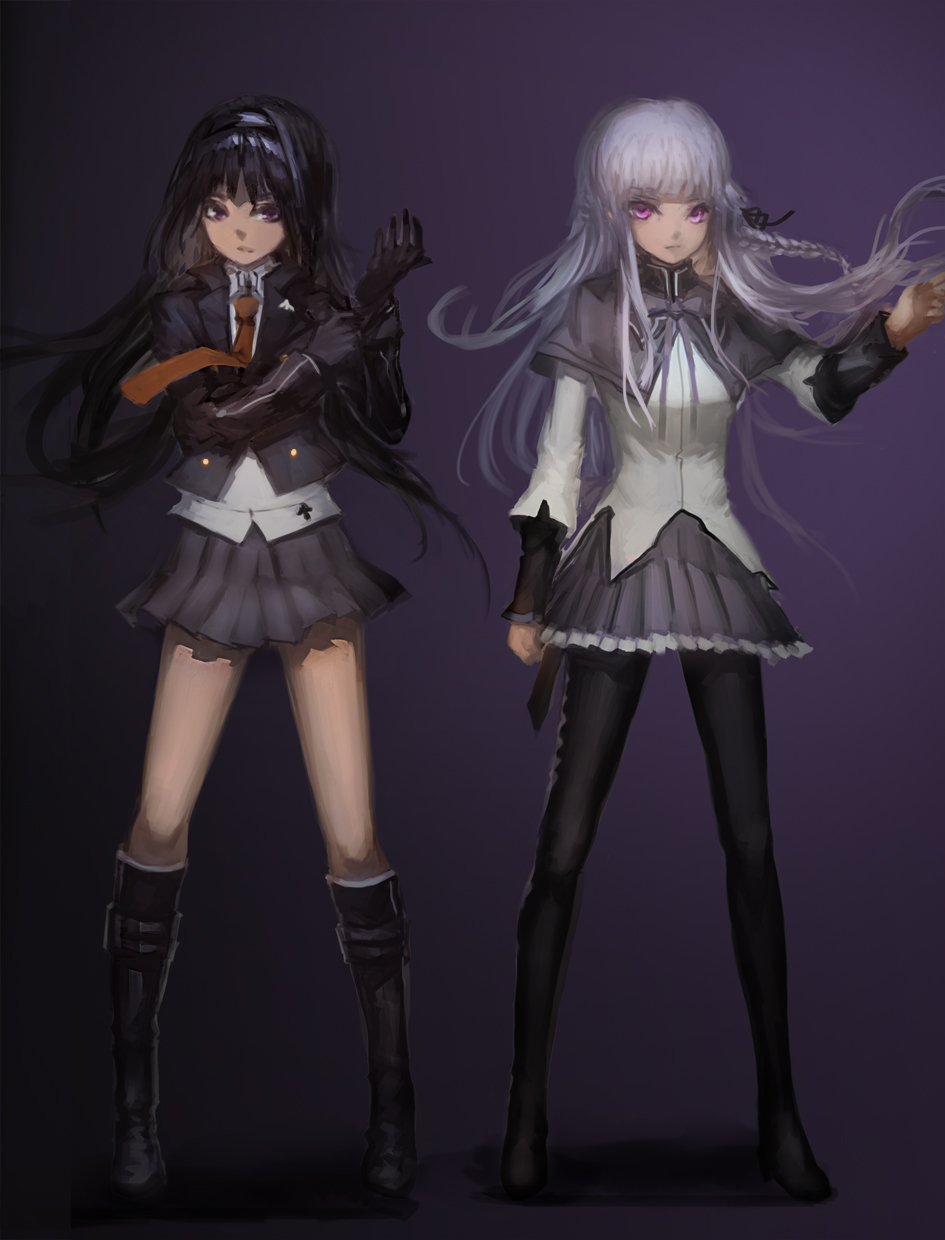 2girls, akemi_homura, akemi_homura_(cosplay), akemi_homura_(magical_girl), black_gloves, black_hair, black_legwear, blackrabbitsoul, boots, braid, cosplay, costume_switch, danganronpa:_trigger_happy_havoc, danganronpa_(series), gloves, hairband, highres, jacket, kirigiri_kyoko, kirigiri_kyoko_(cosplay), knee_boots, magical_girl, mahou_shoujo_madoka_magica, mahou_shoujo_madoka_magica_(anime), multiple_girls, necktie, pantyhose, purple_eyes, purple_hair, ribbon, side_braid, trait_connection