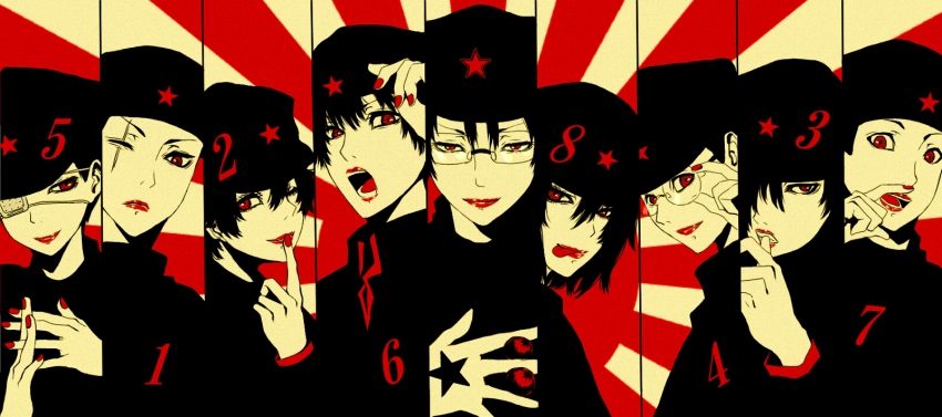 6+boys, androgynous, black_hair, dafu_(litchi_hikari_club), dentaku_(litchi_hikari_club), eyepatch, frown, gakuran