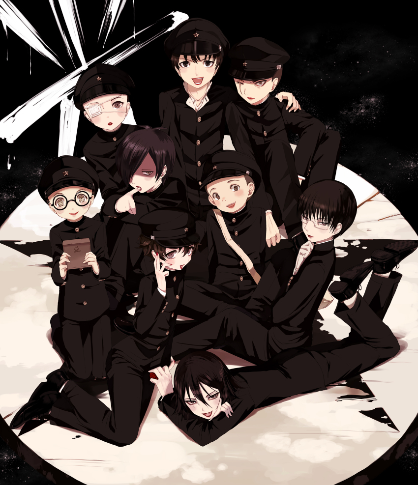 6+boys, absurdres, black_eyes, black_hair, brown_eyes, brown_hair, dafu_(litchi_hikari_club), dentaku_(litchi_hikari_club)