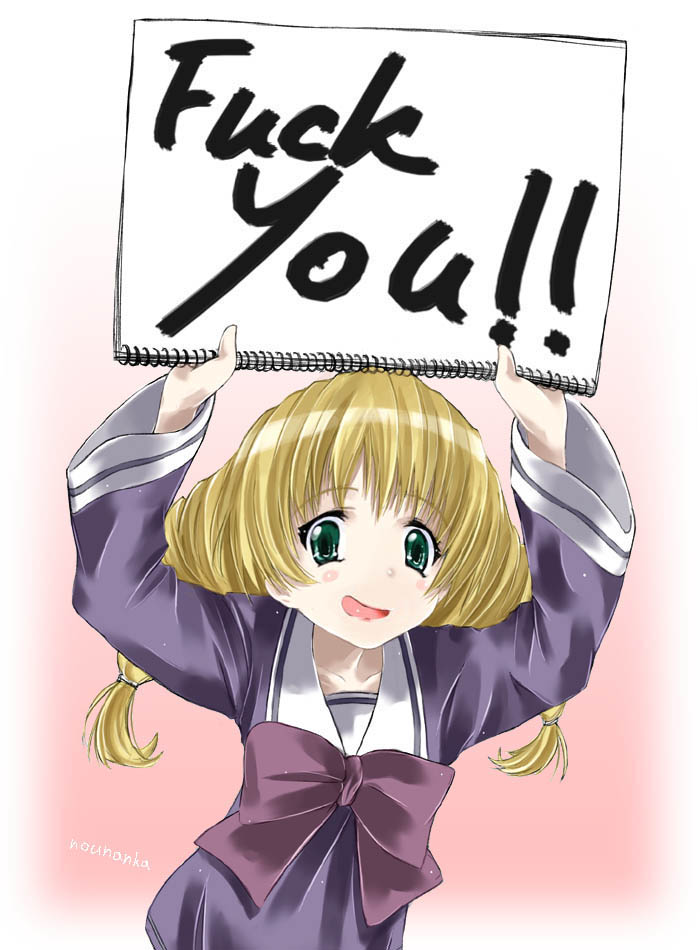 1girl, :q, abubu, arms_up, blonde_hair, blush, bow, english_text, female_focus, green_eyes, holding, holding_sign, isokawa_nina, long_sleeves, profanity, school_uniform, serafuku, sign, solo, tona-gura!, tongue, tongue_out, twintails