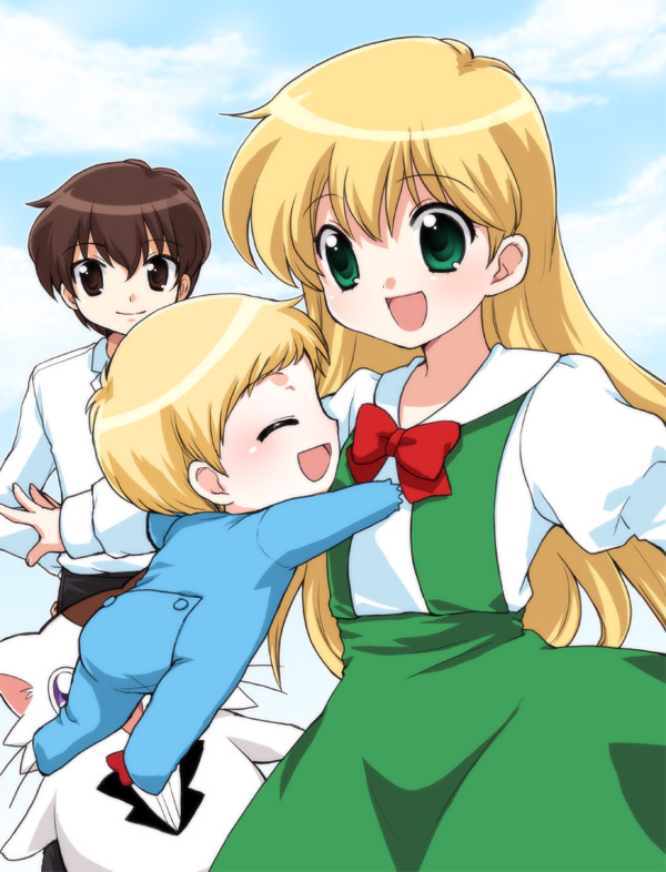 1girl, 2boys, :d, baby, blonde_hair, blush, bow, brown_hair, cat, cloud, daa!_daa!_daa!, day, closed_eyes, green_eyes, juliet_sleeves, kouzuki_miyu, long_hair, long_sleeves, looking_at_viewer, multiple_boys, open_mouth, outdoors, outstretched_arms, profile, puffy_sleeves, purple_eyes, ruu_(daa!_daa!_daa!), saionji_kanata, school_uniform, serafuku, shirt, short_hair, sideways_mouth, smile, usashiro_mani, wanyaa