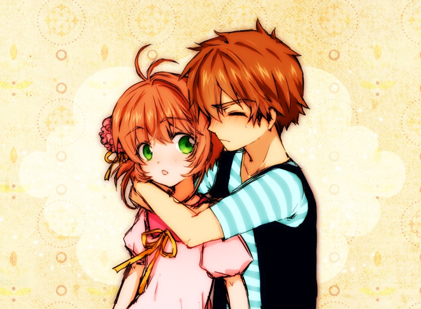 1990s_(style), 1boy, 1girl, brown_eyes, brown_hair, cardcaptor_sakura, casual, closed_eyes, couple, green_eyes, hetero, hug, hug_from_behind, kinomoto_sakura, li_syaoran, mokku_(ak0207), retro_artstyle, short_hair