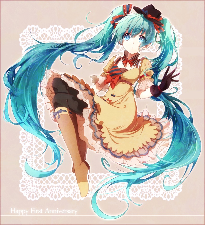 1girl, aqua_hair, belt, blue_eyes, boots, bow, bowtie, dress, ennui_heiwa_miku, female_focus, full_body, gloves, hair_ribbon, hat, hatsune_miku, highres, kamu_kamu_cat, knee_boots, long_hair, maneki-neko_(fujifuji), pantyhose, ribbon, solo, twintails, very_long_hair, vocaloid