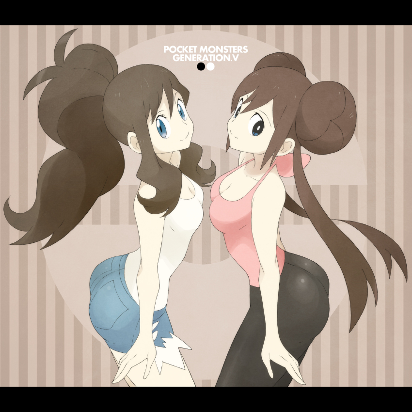 10s, 2girls, ass, bad_id, bad_pixiv_id, black_legwear, blue_eyes, bow, breasts, brown_hair, cleavage, copyright_name, denim, denim_shorts, double_bun, hair_bun, halterneck, high_ponytail, highres, hilda_(pokemon), letterboxed, long_hair, looking_at_viewer, medium_breasts, multiple_girls, nintendo, missing_headwear, official_style, pants, pantyhose, pink_shirt, pokemon, pokemon_black_and_white, pokemon_black_2_and_white_2, ponytail, rosa_(pokemon), shigino_sohuzi, shirt, shorts, sleeveless, sleeveless_shirt, smile, symmetry, tank_top, twintails, very_long_hair, white_shirt, yoga_pants