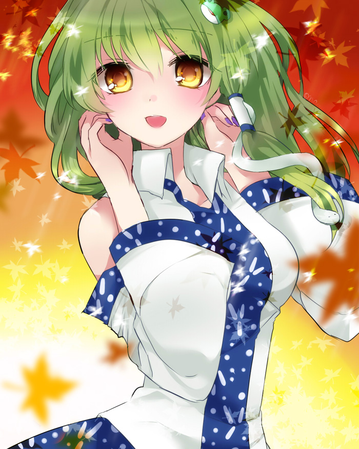 1girl, autumn_leaves, blush, breasts, detached_sleeves, female_focus, frog_hair_ornament, green_hair