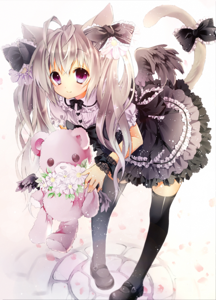 1girl, animal_ears, bad_id, bad_pixiv_id, bent_over, black_thighhighs, bow, cat_ears, cat_tail, colorized, female_focus, flower, frills, fumizuki_sou, hair_bow, highres, long_hair, open_m/, original, pigeon-toed, purple_eyes, puu_(kari---ume), smile, solo, stuffed_animal, stuffed_toy, tail, teddy_bear, thighhighs