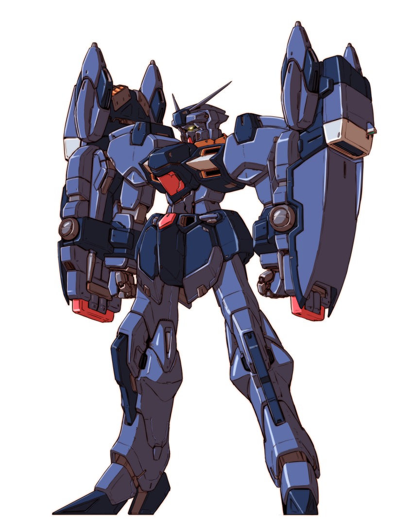 banchengping@126, dezpada, glowing, glowing_eye, gundam, highres, mecha, monoeye_gundams, no_humans, robot, sd_gundam, sd_gundam_g_generation, shield, simple_background, white_background