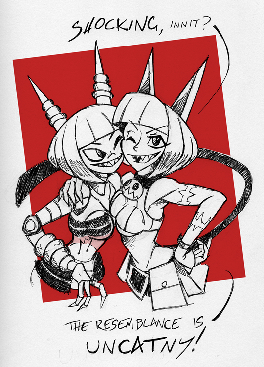 2girls, animal_ears, antennae, belt, belt_pouch, bob_cut, breasts, cat_ears, cat_tail, crop_top, crossover, dynatron_(mighty_no._9), english_text, fingernails, grin, hand_on_own_hip, look-alike, mighty_no._9, monochrome, ms._fortune_(skullgirls), multiple_girls, narrow_waist, one_eye_closed, pouch, pun, robot, scar, sharp_fingernails, sharp_teeth, short_hair, skullgirls, smile, tail, teeth, underboob, wink