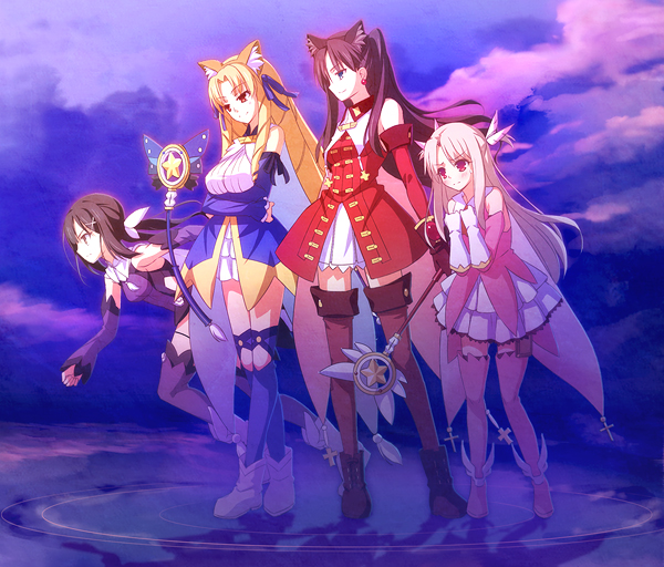 4girls, aotsuki_takao, blonde_hair, boots, fate/kaleid_liner_prisma_illya, fate_(series), illyasviel_von_einzbern, kaleido_ruby