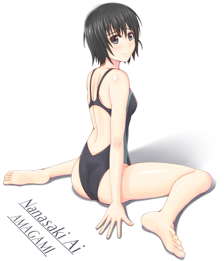 1girl, amagami, bad_id, bad_pixiv_id, barefoot, black_eyes, black_hair, character_name