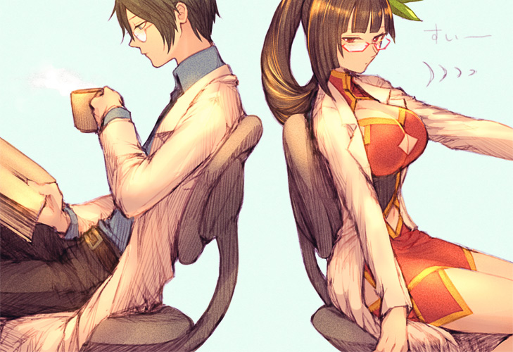 1boy, 1girl, arakune, arc_system_works, belt, black_hair, blazblue, book