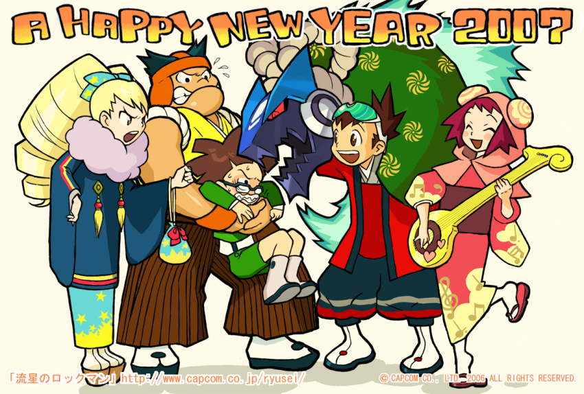 00s, 2007, 2girls, 3boys, bud_bison_(mega_man), capcom, drill_hair, geo_stelar_(mega_man)