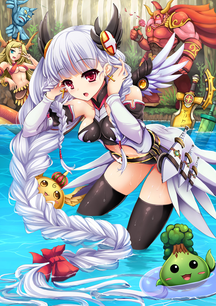 2girls, armor, bare_shoulders, bent_over, black_legwear, blonde_hair, blue_eyes, blush, blush_stickers, bracelet, braid, breasts, cape, cross, earrings, echidna_(p&amp;d), flower, gigas_(p&amp;d), goushou, horns, innertube, jewelry, lamia, light_valkyrie_(p&amp;d), long_hair, looking_at_viewer, monster_girl, multiple_girls, muscular, navel, ogre_(p&amp;d), open_mouth, partially_submerged, puzzle_&amp;_dragons, red_eyes, rose, shynee, shynee_(p&amp;d), silver_hair, swim_ring, sword, thighhighs, valkyrie_(p&amp;d), very_long_hair, wading, water, weapon, wings, woodsie, woodsie_(p&amp;d), yellow_eyes