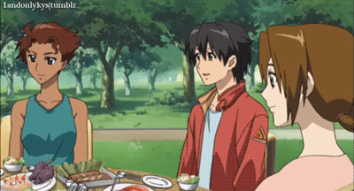 00s, 1boy, 2girls, animated, animated_gif, chair, dark_skin, plate, food, igpx, jesse_martin, liz_ricarro, lowres, multiple_girls, short_hair, sitting, table, takeshi_jin
