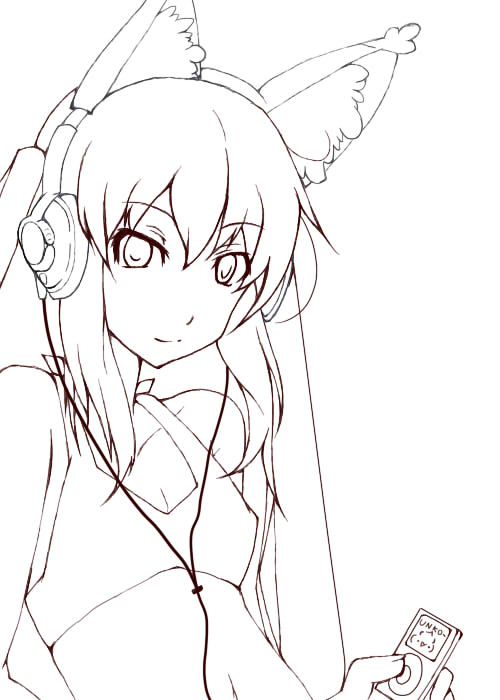 1girl, animal_ears, bikini, bikini_top_only, cable_divider, mp3_player, dog_ears, female_focus, flat_chest, gyokuro_omega, headphones, ipod, k-on!, lineart, long_hair, looking_at_viewer, monochrome, nakano_azusa, smile, solo, swimsuit, twintails