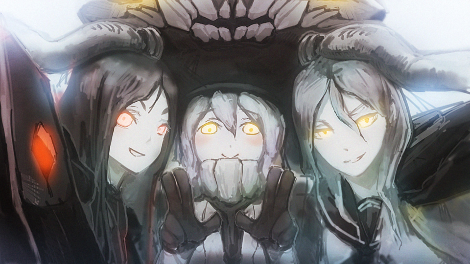 10s, 3girls, abyssal_ship, black_hair, gloves, glowing, glowing_eyes, grey_hair