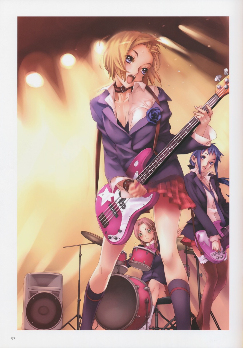 3girls, absurdres, bass_guitar, blazer, blonde_hair, blue_eyes, blue_hair, bow
