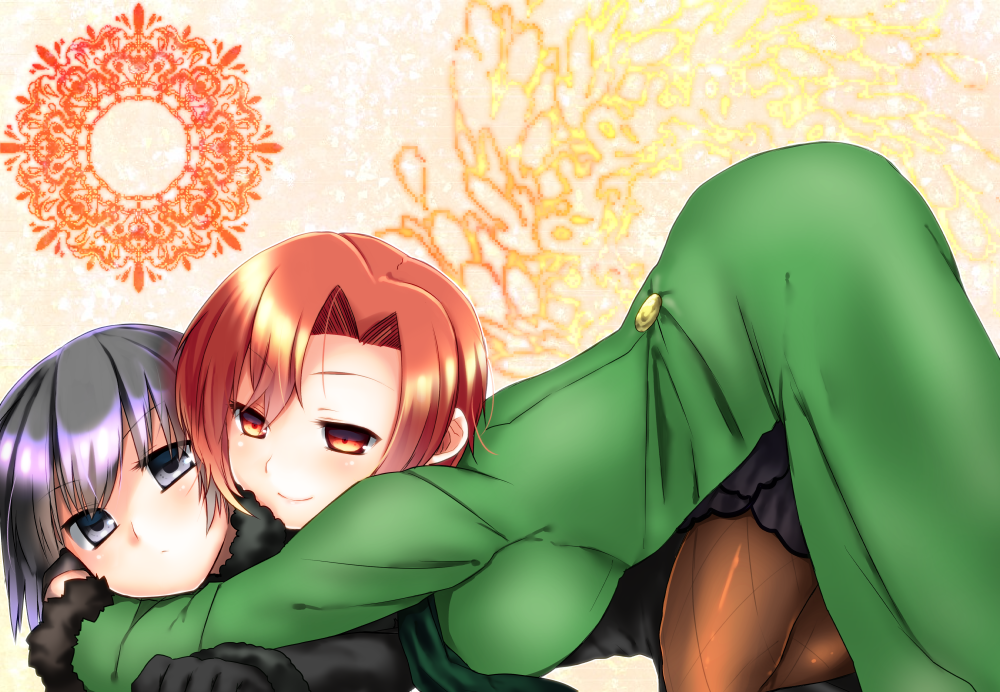 2girls, aozaki_touko, aozaki_touko_(mahou_tsukai_no_yoru), bad_id, bad_pixiv_id, black_eyes, black_hair, black_legwear