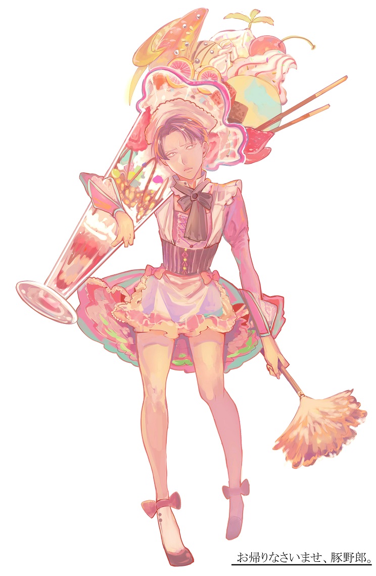 1boy, apron, cherry, colorful, corset, crossdressing, crossdressing_(mtf), duster