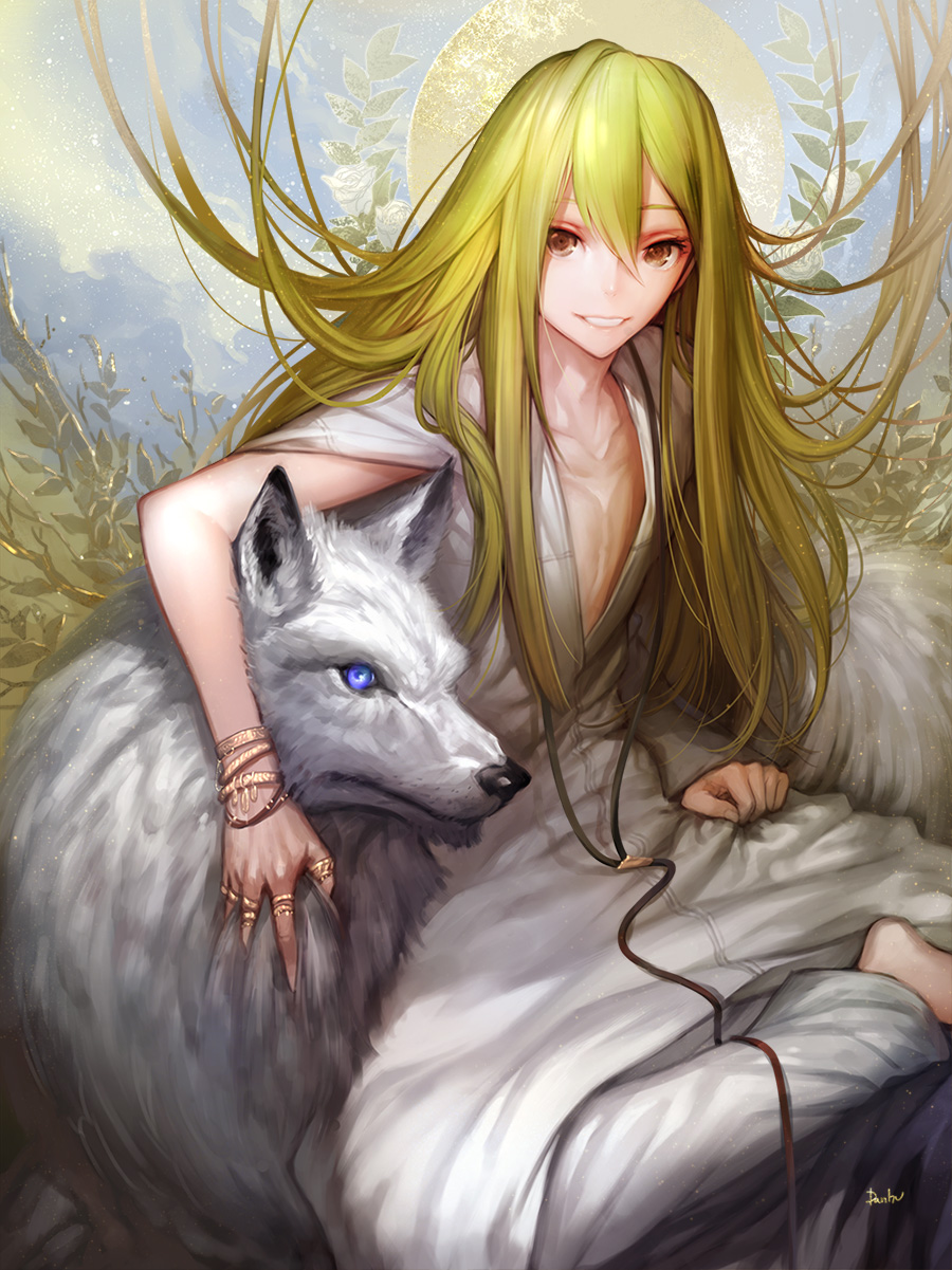 1boy, androgynous, bad_id, bad_pixiv_id, blue_eyes, danhu, enkidu_(fate), fate/strange_fake, fate_(series), green_eyes, green_hair, highres, kawells, long_hair, wolf