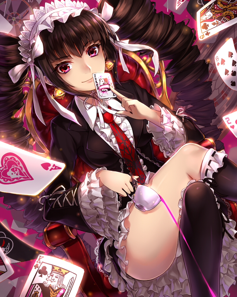 10s, 1girl, ace_(playing_card), ace_of_hearts, black_hair, black_legwear, bonnet, card, celestia_ludenberg, claw_ring, cup, danganronpa:_trigger_happy_havoc, danganronpa_(series), dart, drill_hair, female_focus, frills, gothic_lolita, heart, joker_(playing_card), king_(playing_card), king_of_clubs, lolita_fashion, long_hair, monokuma, necktie, playing_card, queen_(playing_card), queen_of_clubs, red_eyes, smile, solo, suika01, teacup, twin_drills, twintails