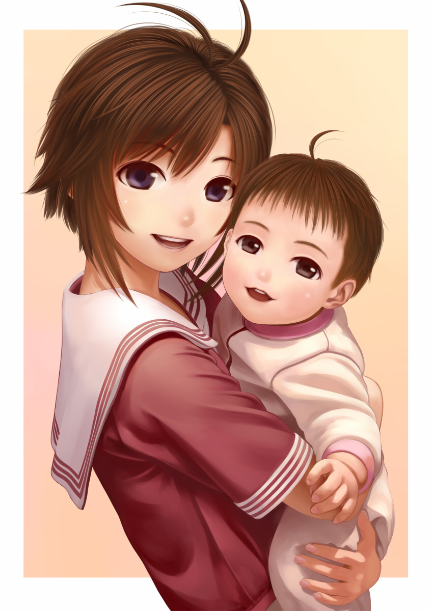 1boy, 1girl, ahoge, antenna_hair, baby, black_eyes, blue_eyes, blush, brown_hair, closed_eyes, hetero, highres, hirata_hiromi, hug, idolmaster, idolmaster_(classic), kikuchi_makoto, mother_and_child, mother_and_son, nekopuchi, open_mouth, parent_and_child, sailor_collar, short_hair, smile, voice_actor_connection