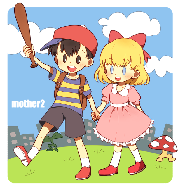 1boy, 1girl, ako_(ako0905), backpack, bag, baseball_bat, black_eyes, black_hair, blonde_hair, blue_eyes, holding_hands, hat, hetero, mother_(series), mother_2, mushroom, ness_(mother_2), nintendo, paula_(mother_2), ramblin'_evil_mushroom, ribbon, smile