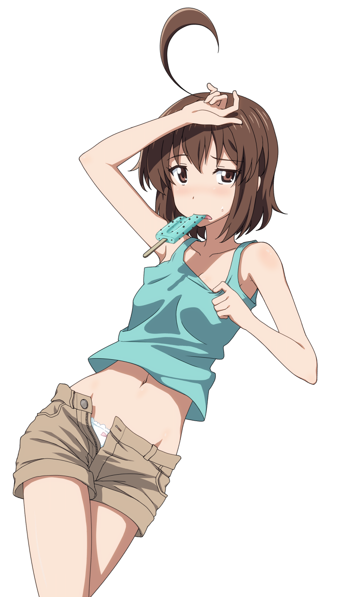 10s, 1girl, ahoge, andou_natsuki, arm_up, armpits, bare_shoulders, blush, bow, bow_panties, brown_eyes, brown_hair, casual, crop_top, crop_top_overhang, female_focus, food, frilled_panties, frills, highres, kitakubu_katsudou_kiroku, looking_at_viewer, midiman, midriff, mouth_hold, navel, open_fly, panties, popsicle, shiny_skin, shirt_tug, short_hair, shorts, solo, tank_top, transparent_background, unbuttoned, underwear, unzipped