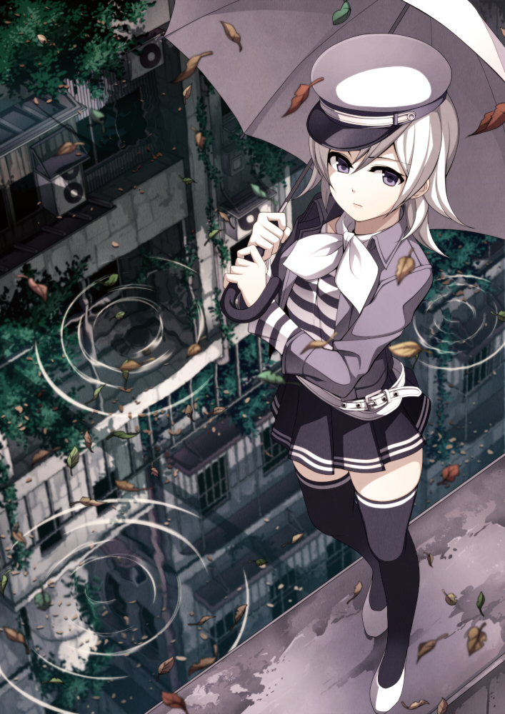 1girl, ama_no_jaku_(vocaloid), ascot, belt, black_thighhighs, blonde_hair, building, female_focus, grey_eyes, hat, jack_amano, jacket, leaf, looking_at_viewer, peaked_cap, pleated_skirt, purple_eyes, reflection, ripples, short_hair, skirt, solo, striped, thighhighs, torigoe_takumi, umbrella, vocaloid, water, white_hair, zettai_ryouiki