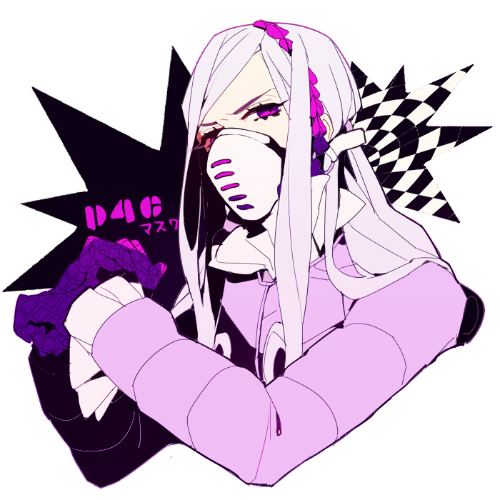 1boy, character_name, cosplay, dirty_deeds_done_dirt_cheap, dirty_deeds_done_dirt_cheap_(cosplay), eyelashes, frills, funny_valentine, gloves, headband, high_collar, jojo_no_kimyou_na_bouken, long_hair, long_sleeves, looking_at_viewer, male_focus, mask, personification, pink_eyes, pink_hair, redlark_(r083), simple_background, solo, stand_(jojo), steel_ball_run, straight_hair, upper_body