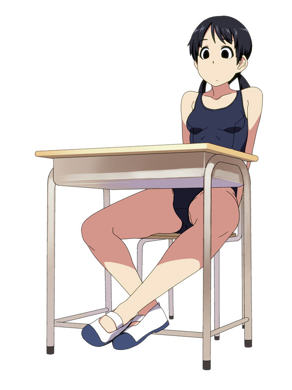 1girl, bare_legs, bare_shoulders, black_eyes, black_hair, crotch, desk, female_focus, heisei_umare, low_twintails, one-piece_swimsuit, satou_(heisei_umare), school_swimsuit, shimimaru, shoes, short_twintails, sitting, solo, spread_legs, swimsuit, twintails, uwabaki, white_background