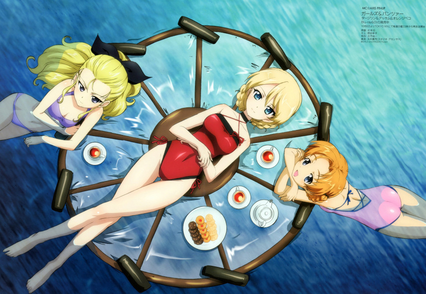 10s, 3girls, :d, afloat, ass, assam_(girls_und_panzer), barefoot, bikini, blonde_hair, blue_eyes, braid, breasts, casual_one-piece_swimsuit, choker, cleavage, cookie, covered_navel, criss-cross_halter, crossed_arms, crossed_legs, cup, darjeeling_(girls_und_panzer), drink, feet, food, from_above, girls_und_panzer, green_eyes, hair_slicked_back, halterneck, highres, light_smile, looking_at_viewer, looking_up, lying, mc_axis, multiple_girls, navel, non-web_source, official_art, on_back, one-piece_swimsuit, open_mouth, orange_hair, orange_pekoe_(girls_und_panzer), panjandrum, partially_submerged, pink_one-piece_swimsuit, pinup_(style), plate, purple_bikini, red_one-piece_swimsuit, saucer, scan, smile, soaking_feet, sugimoto_isao, swimsuit, tea, tea_set, teacup, teapot, thigh_gap, water
