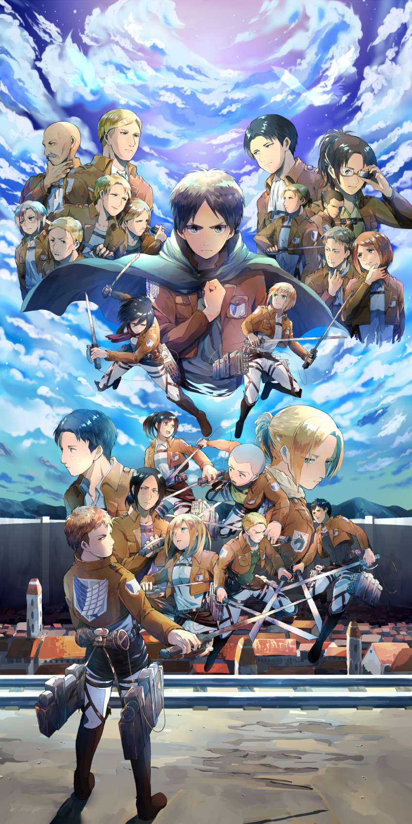 6+boys, 6+girls, absurdres, annie_leonhart, aquiline_nose, armin_arlert, auruo_bossard, bertolt_hoover, cape, connie_springer, erd_gin, eren_yeager, erwin_smith, everyone, gunter_shulz, hange_zoe, highres, jean_kirstein, krista_lenz, levi_(shingeki_no_kyojin), marco_bott, mikasa_ackerman, mike_zakarius, multiple_boys, multiple_girls, nose, ootsuya, petra_ral, reiner_braun, sasha_blouse, shingeki_no_kyojin, sky, sword, three-dimensional_maneuver_gear, weapon, ymir_(shingeki_no_kyojin)