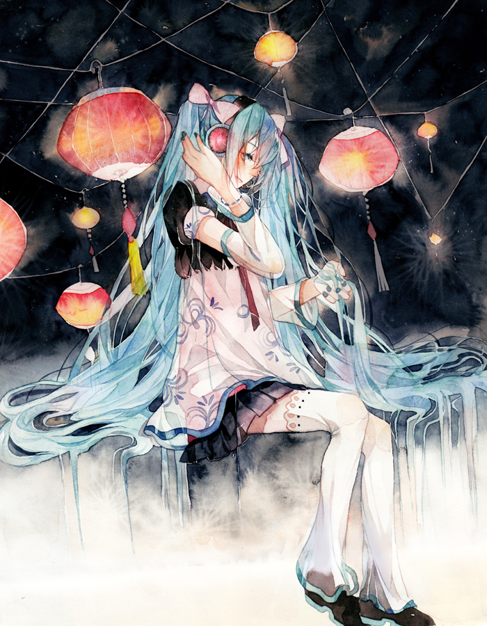 1girl, bell-bottoms, blue_hair, detached_sleeves, female_focus, hatsune_miku, headphones, lantern, long_hair, nail_polish, night, pants, paper_lantern, rei_(456789io), sitting, skirt, solo, thighhighs, very_long_hair, vocaloid