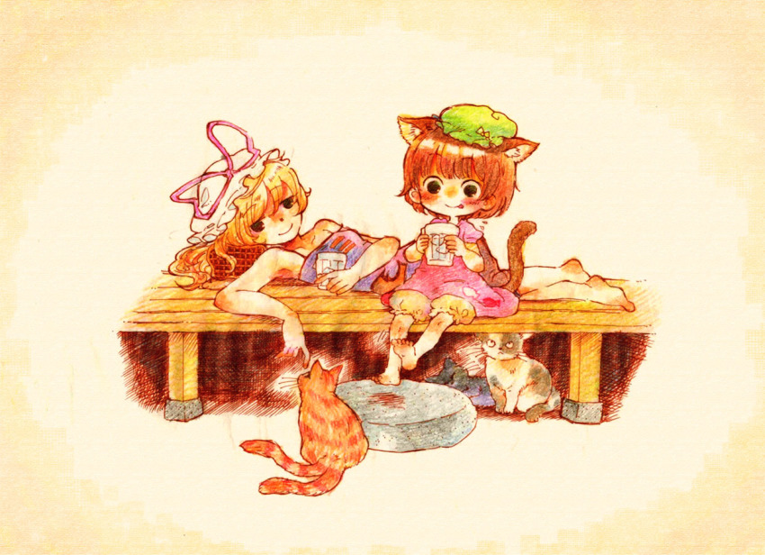 2girls, animal_ears, barefoot, bloomers, cat, cat_ears, chen, child