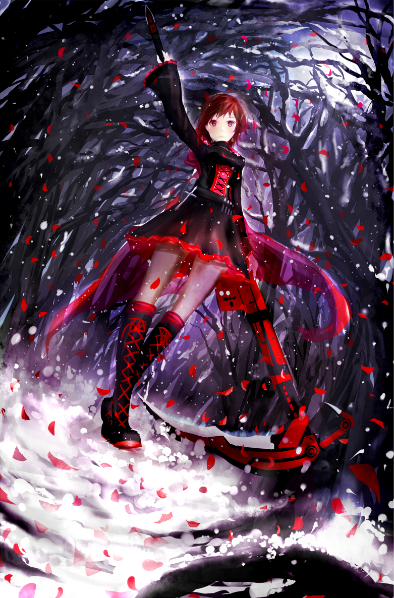1girl, forest, nature, petals, rose_petals, ruby_rose, rwby, snow, ted